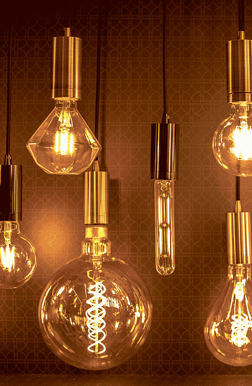 Warm hued, bare light-bulbs hanging from a ceiling